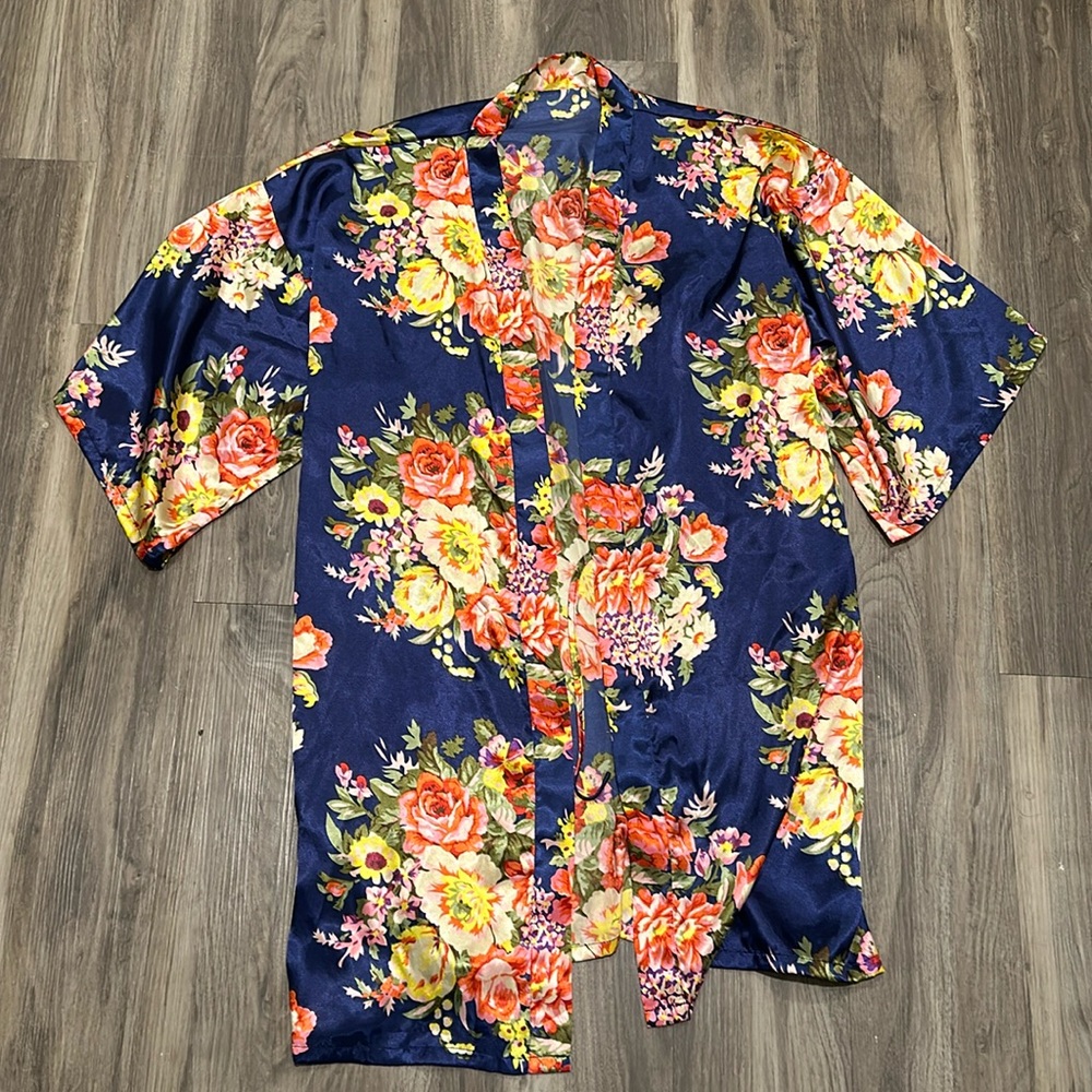 🌸 Floral Satin Kimono Robe Navy Blue Peony Rose Print One Size